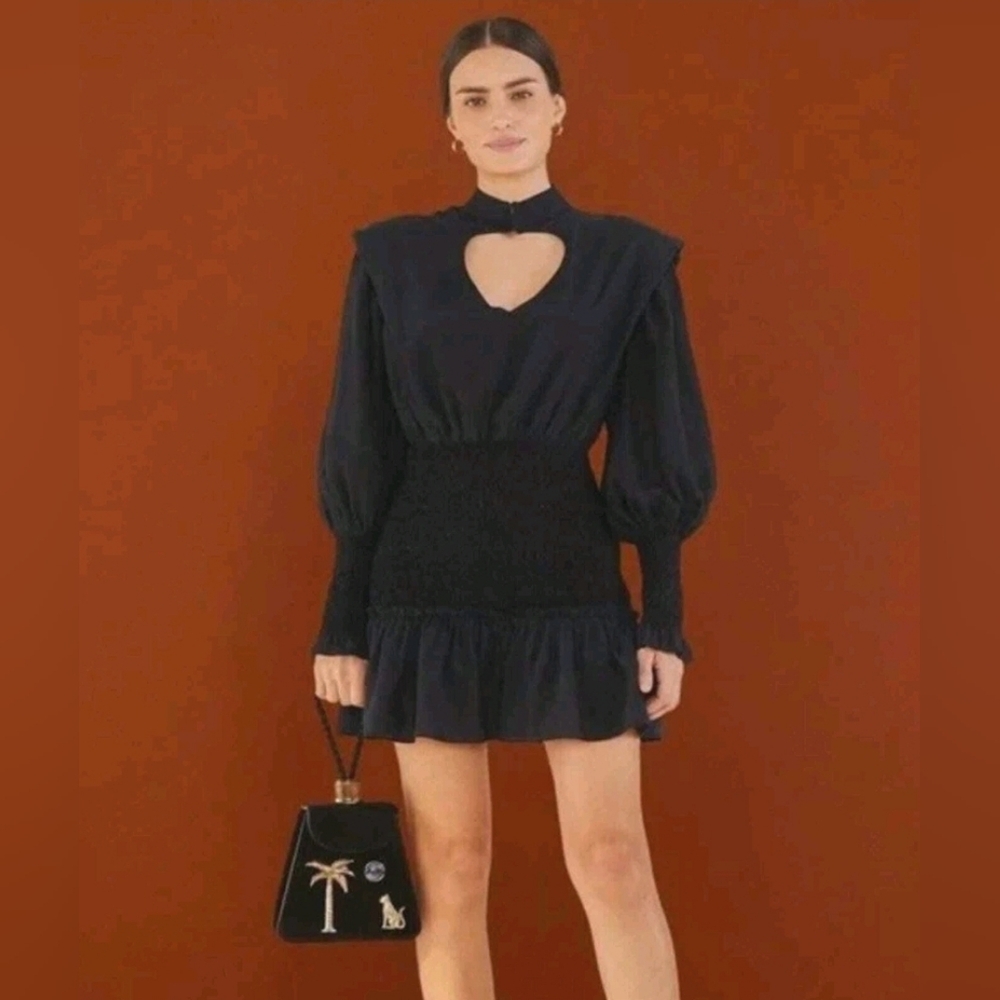 FARM Rio Black Mini Dress with Cut Out and Bishop Sleeves